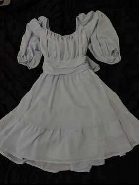 Light Blue Puff-Sleeve Casual Girls Dress with Waist Tie